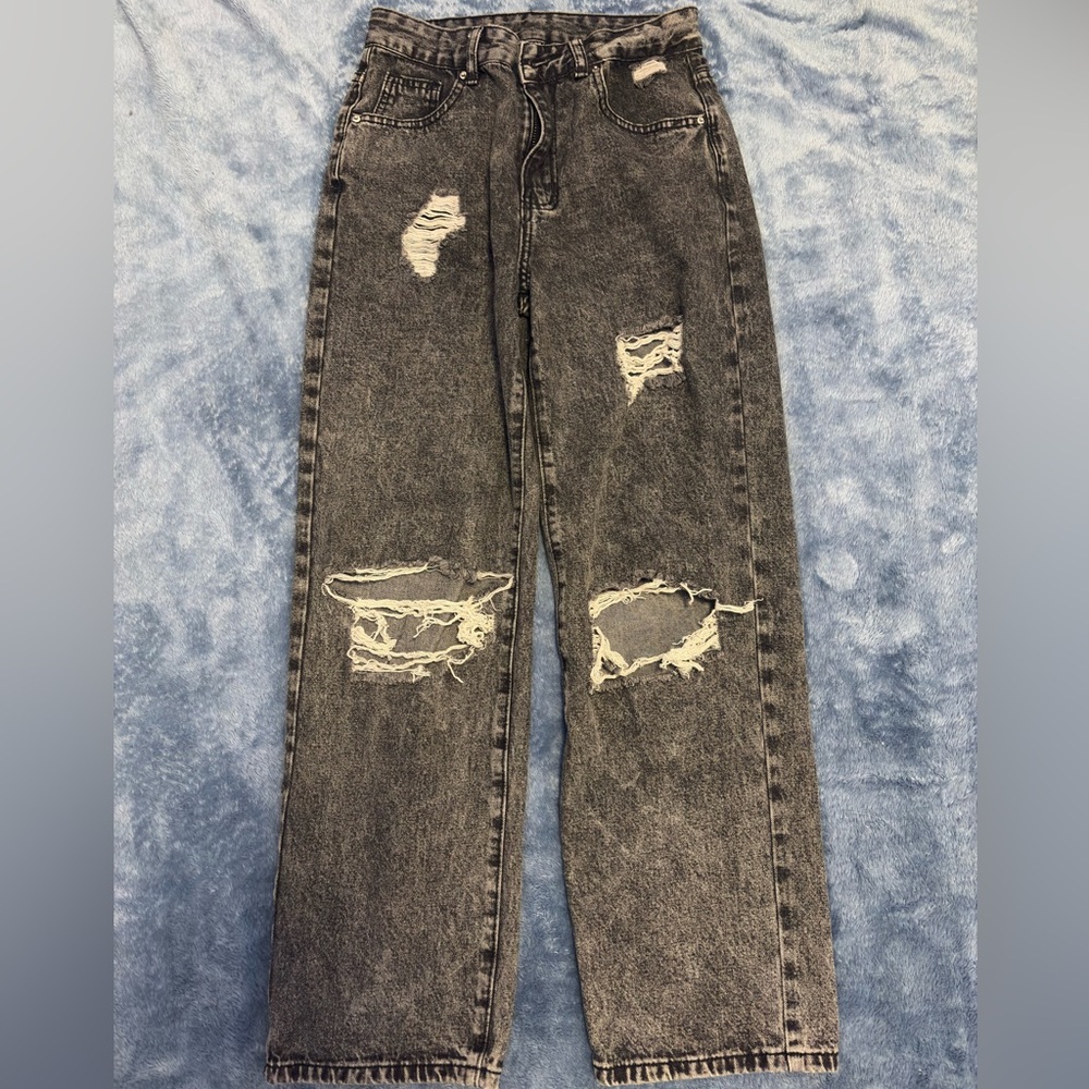 Distressed Stonewash Black Baggy Jeans